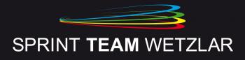Logo quer Sprintteam Wetzlar mit liegenden, aufgefächerten olympischen Ringen